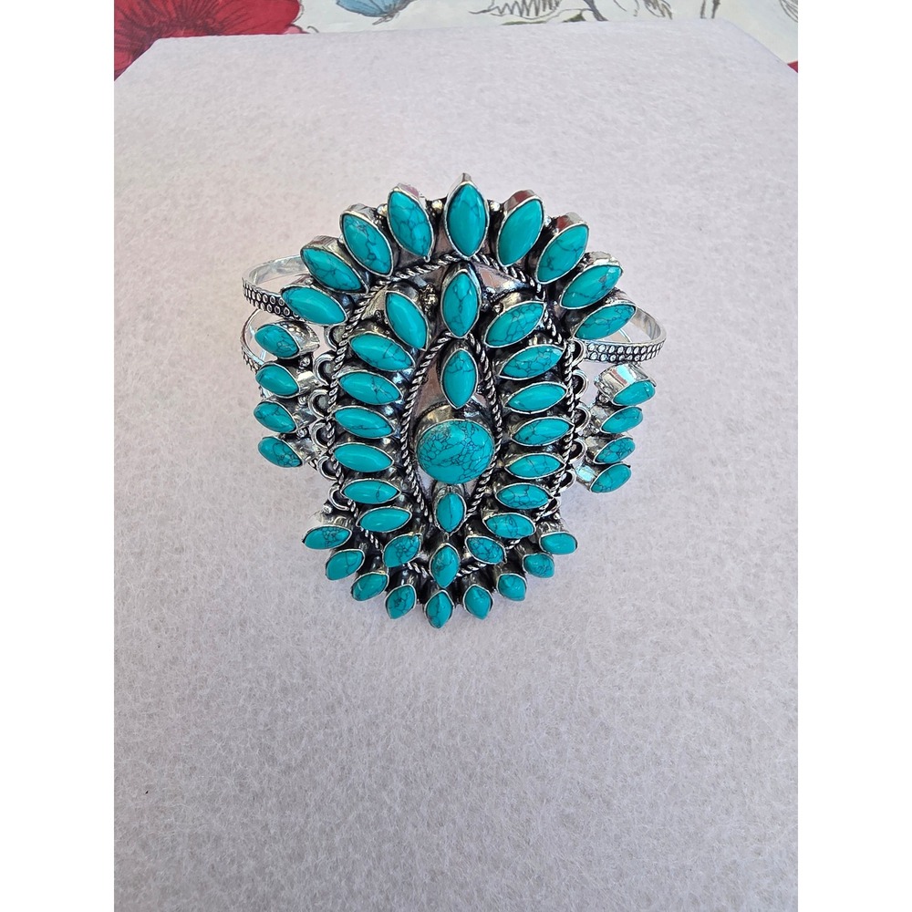Southwestern Turquoise Cluster Cuff Bracelet Silver Tone Boho Western Statement